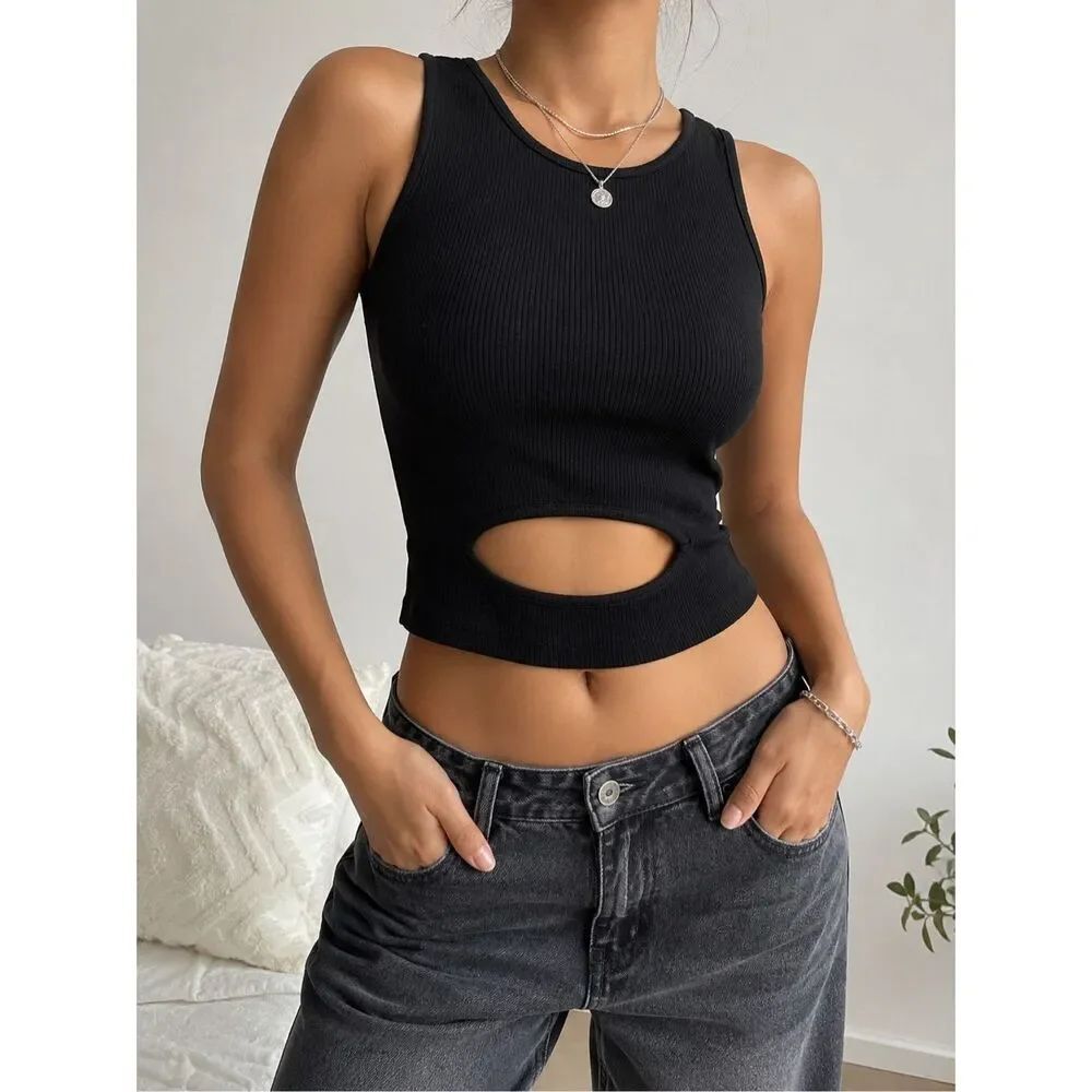 Urban Outfitters S/M Black Ribbed Cutout Tank Top Y2K 90s Going Out